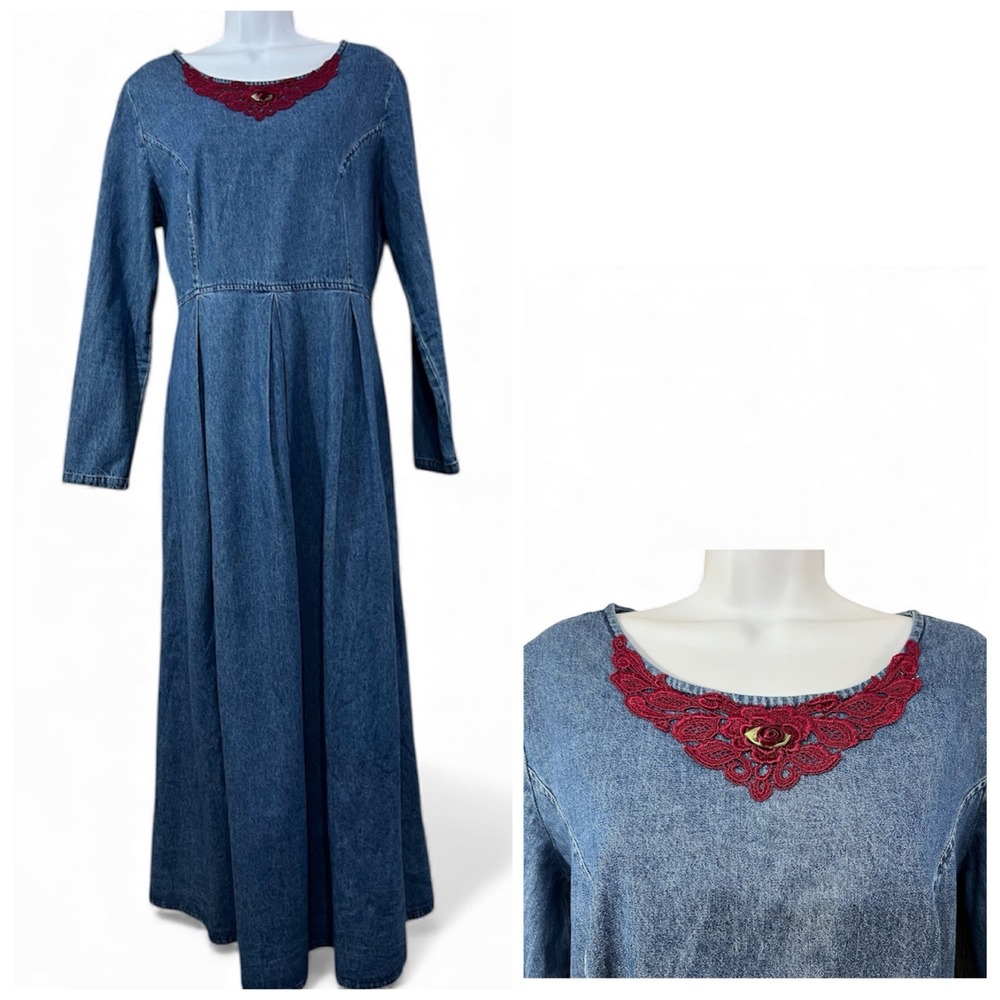 Vtg‎ 90s Studio Ease Denim Maxi Dress 12 Red Lace Back Buttons Western Prairie